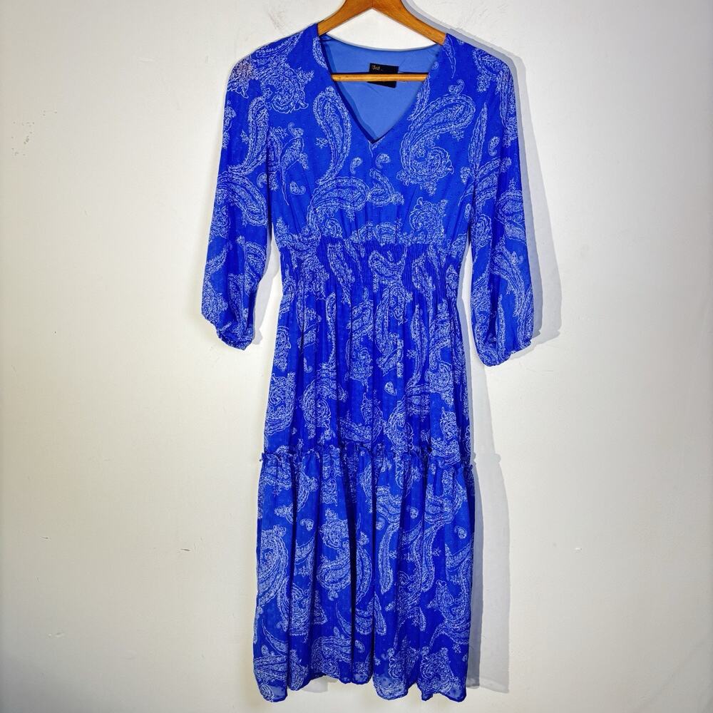 Just Taylor Boho Blue Ruffle-Trim Smocked Waist 3/4 Sleeve Dress Size 4